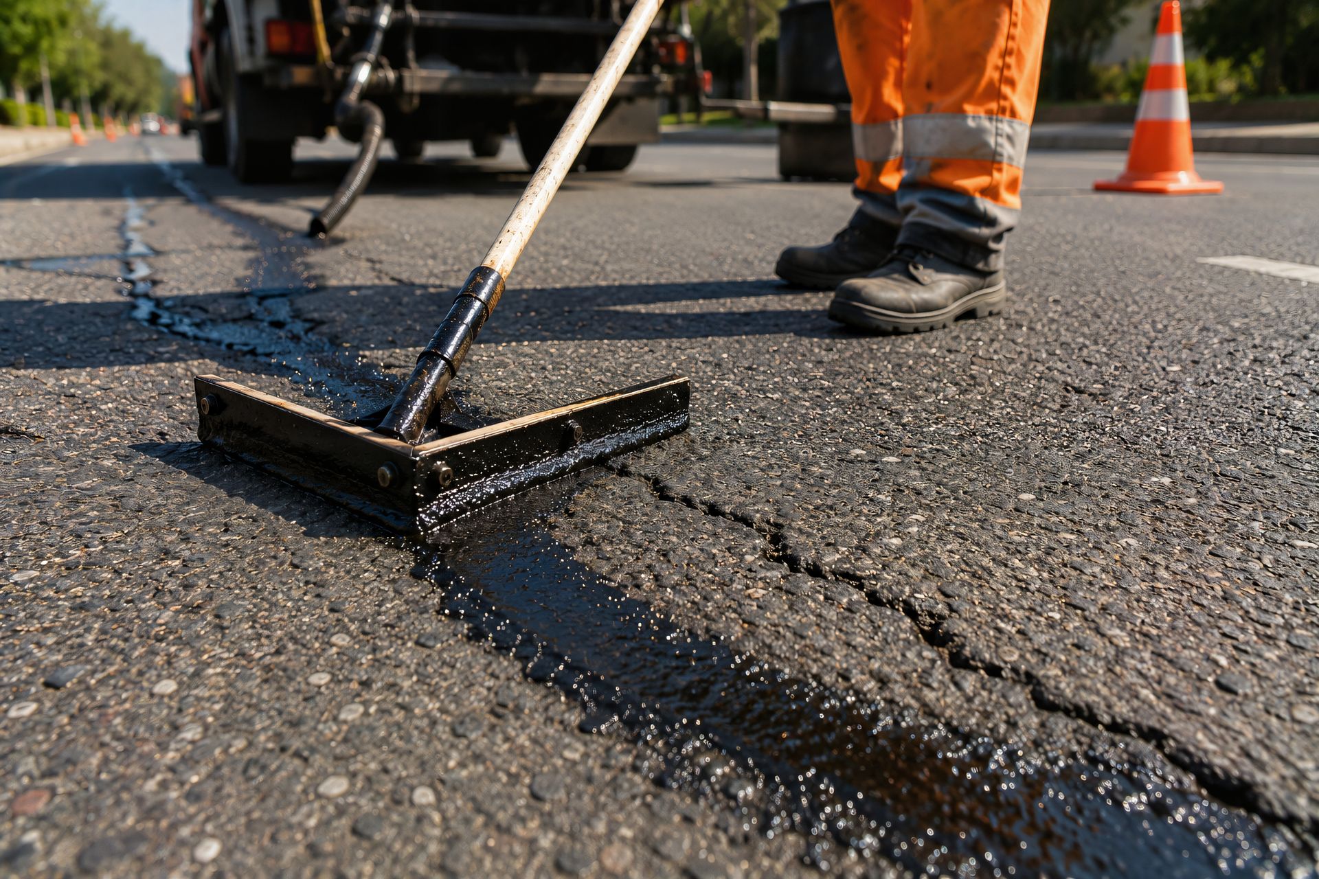 Worker sealing cracks in asphalt road with a squeegee near orange safety cones