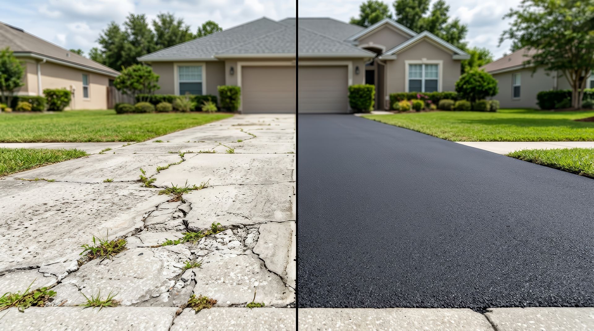 Split-view driveway: cracked concrete on left, smooth black asphalt on right in front of a suburban house