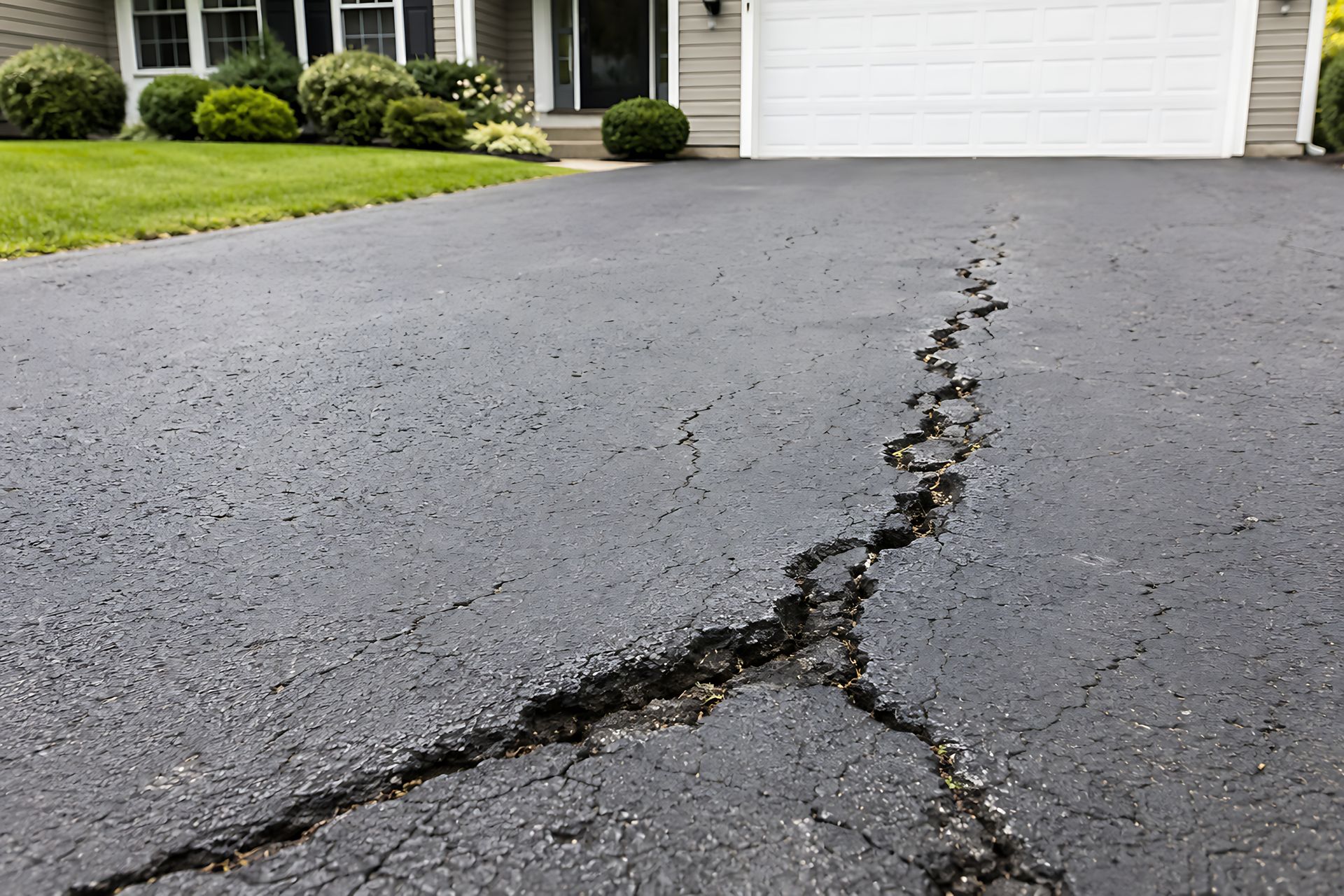 Cracked asphalt driveway leading to a house garage with green lawn and shrubs