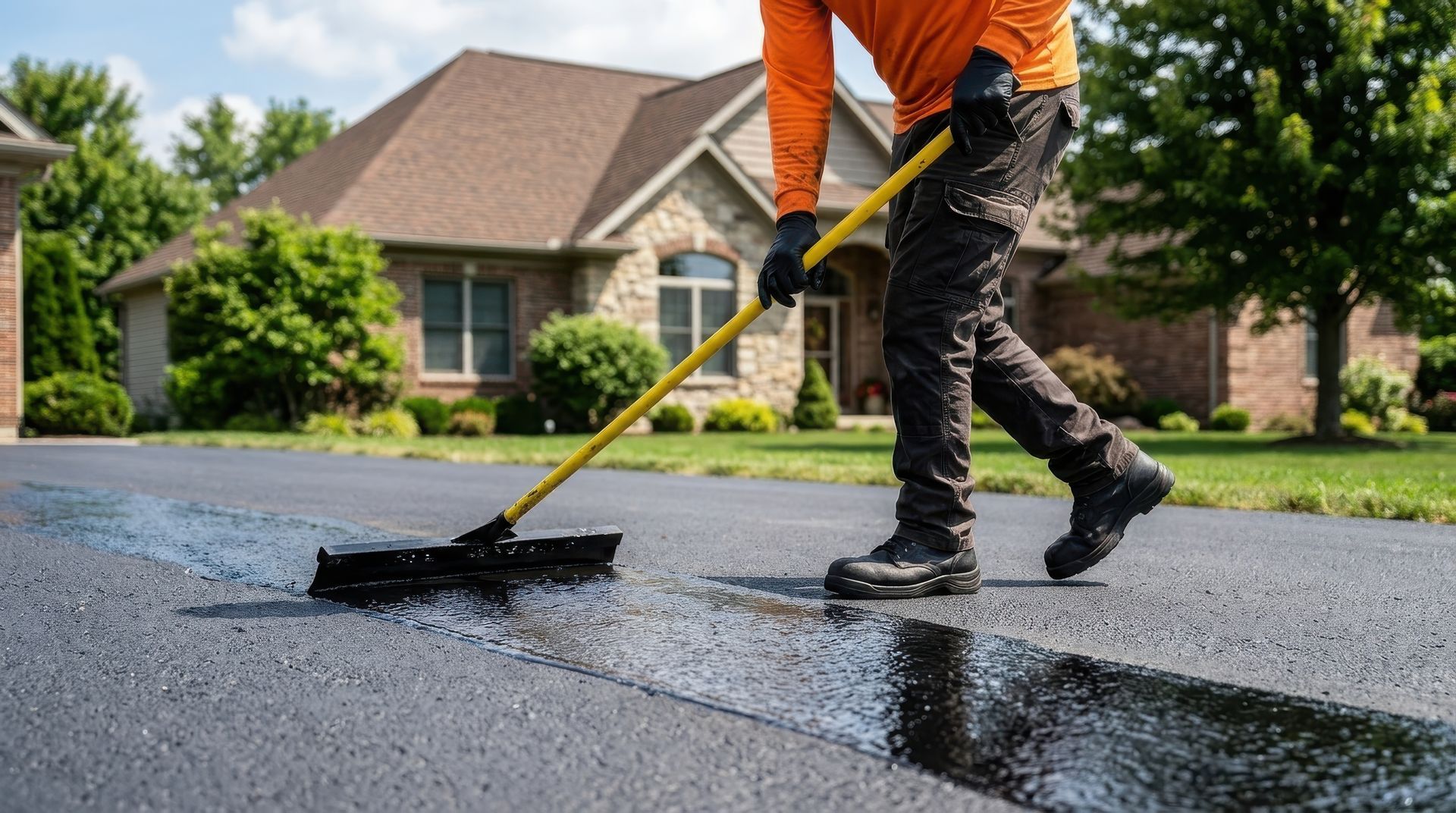 Person squeegeeing water from a wet driveway in front of a suburban house
