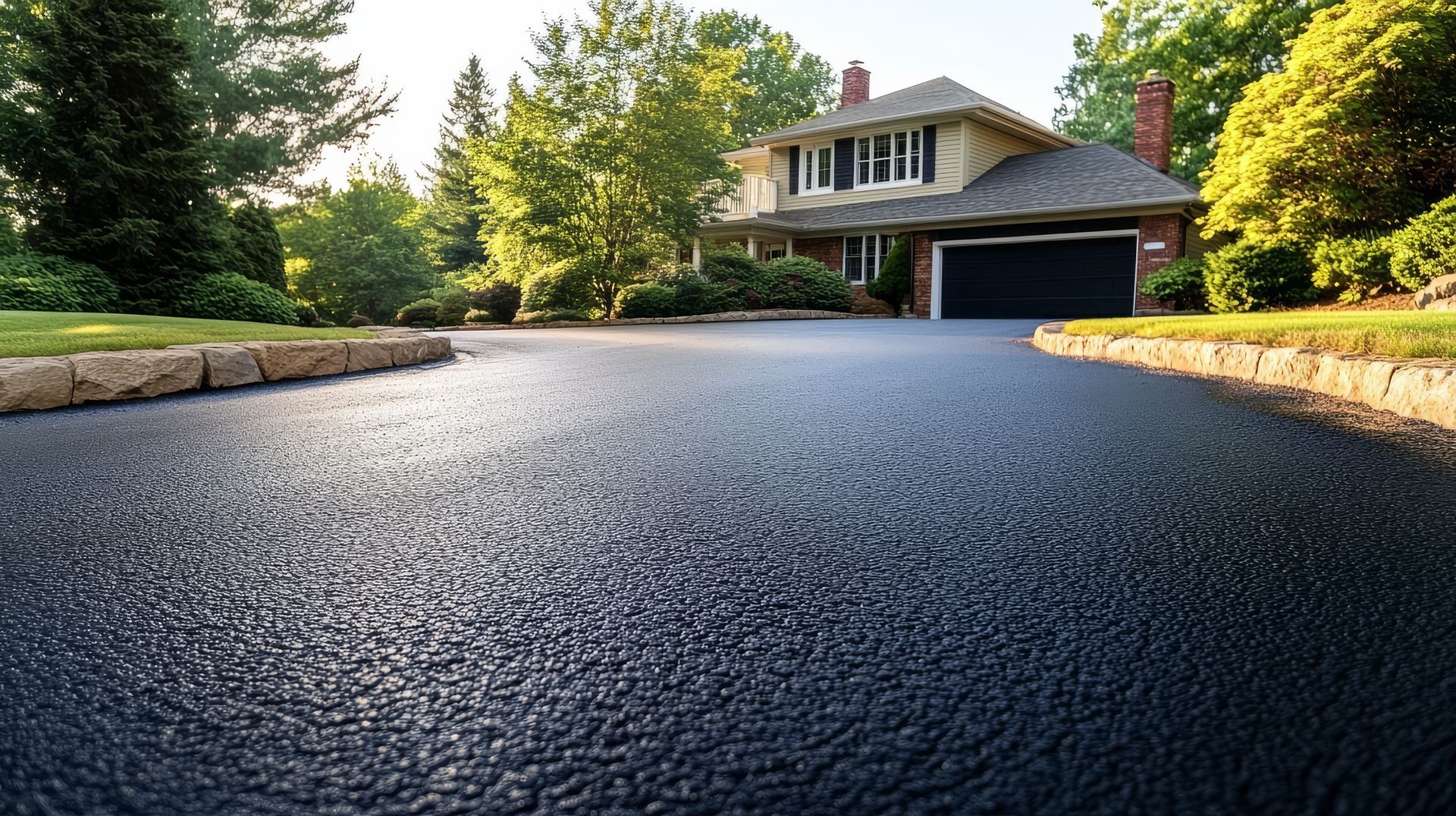 Curved driveway leading to a house with a garage, lined by stone walls and surrounded by trees.
