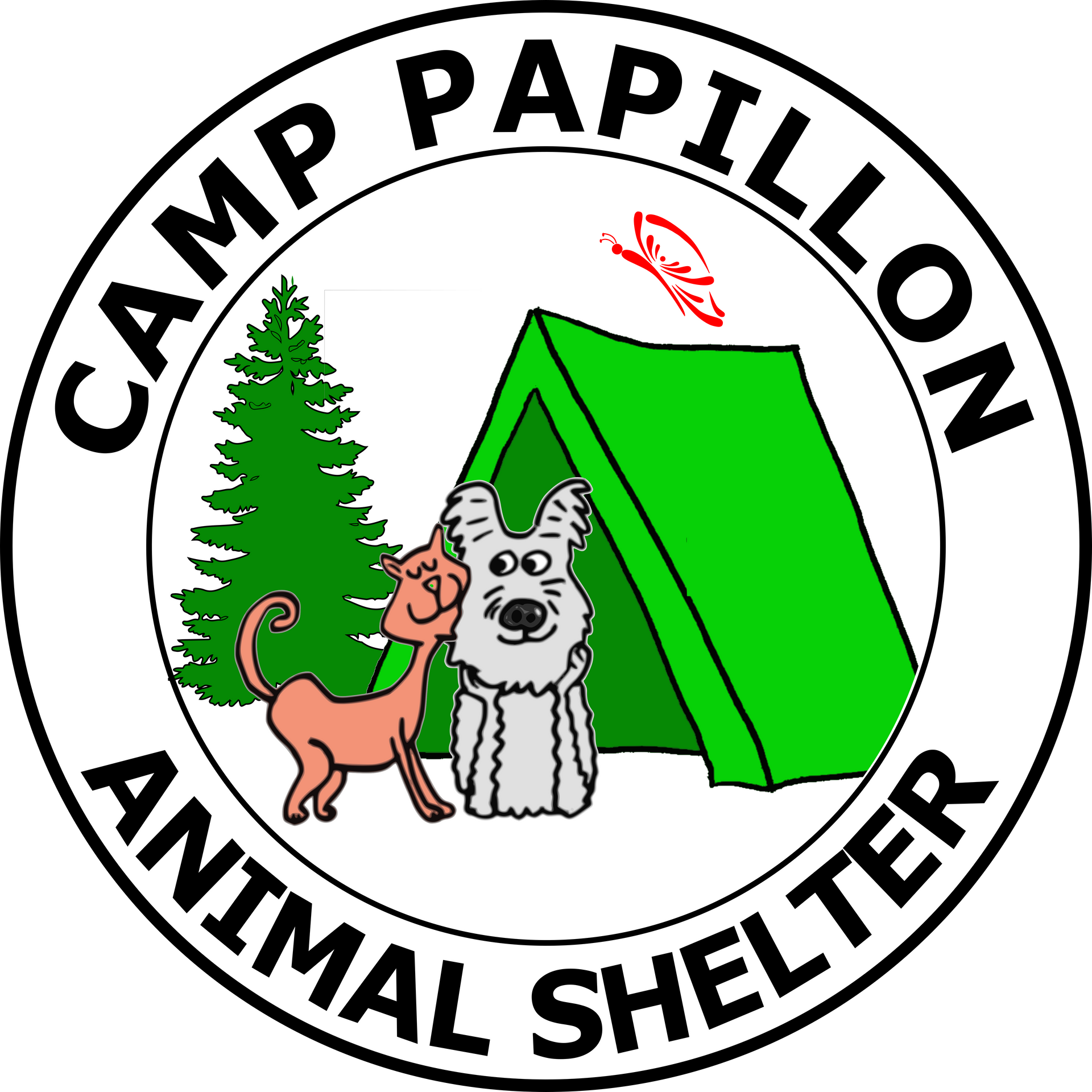 The logo for camp papillon animal shelter shows a dog and a cat in front of a tent.