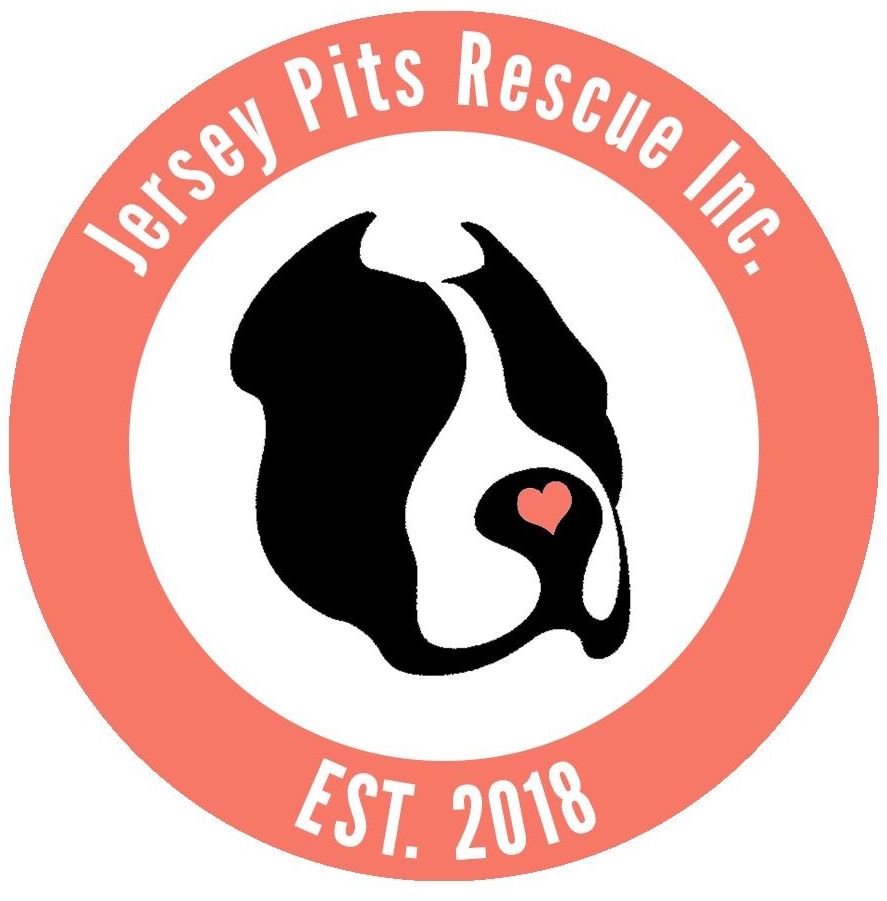 A logo for jersey pits rescue inc. with a black and white dog