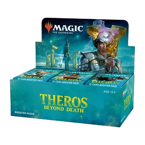 Una scatola espositiva verde con booster a tema Magic: The Gathering War of the Spark, con personaggi illustrati sulla confezione.