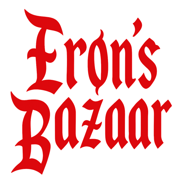 Testo rosso "Eron's Bazaar" in carattere gotico su sfondo bianco.