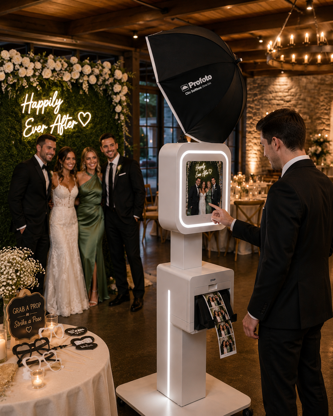 Guests posing at a wedding photo booth beside a floral backdrop and neon sign in a warmly lit venue