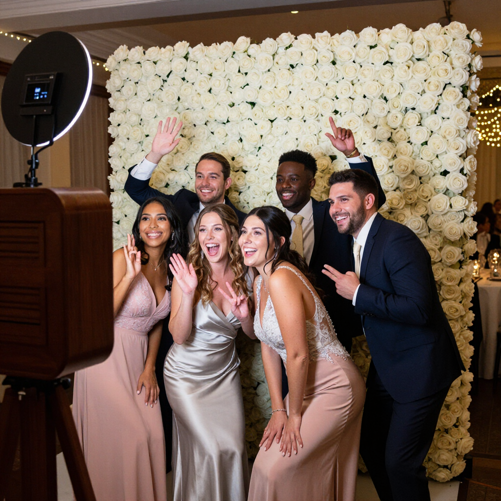 Five people posing and waving at a photo booth in front of a white flower wall