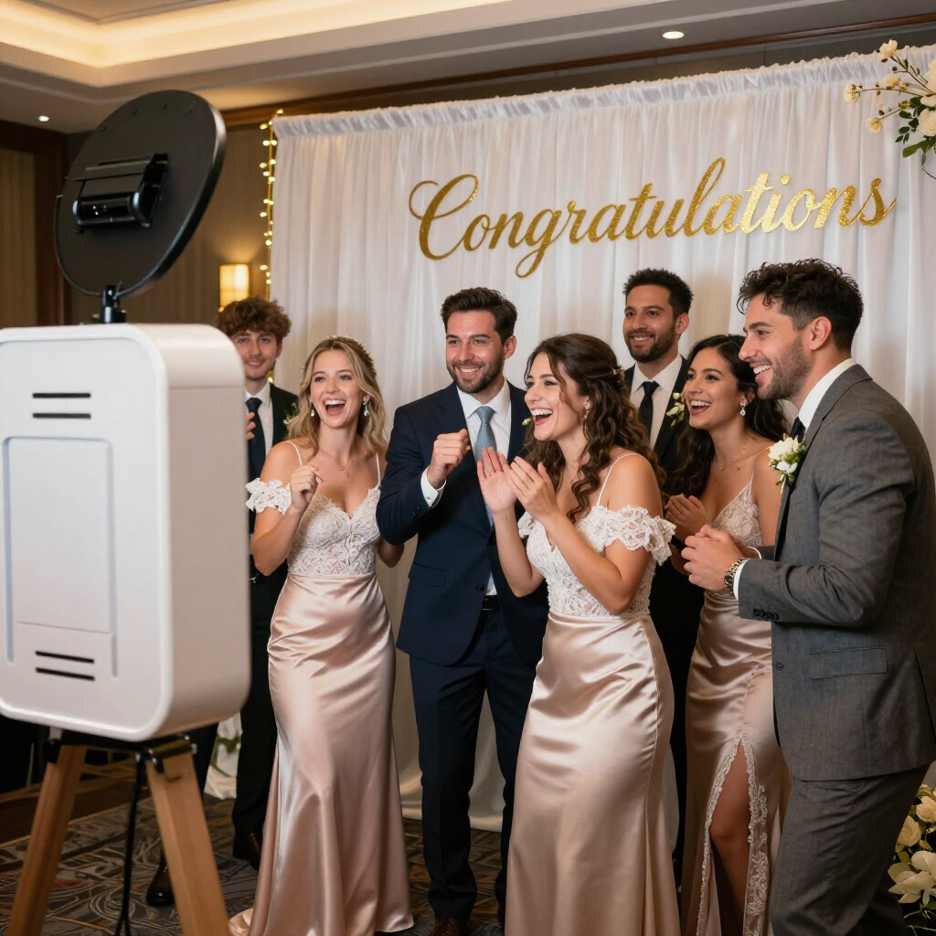 Group posing at a wedding photo booth in formal attire, smiling before a “Congratulations” backdrop