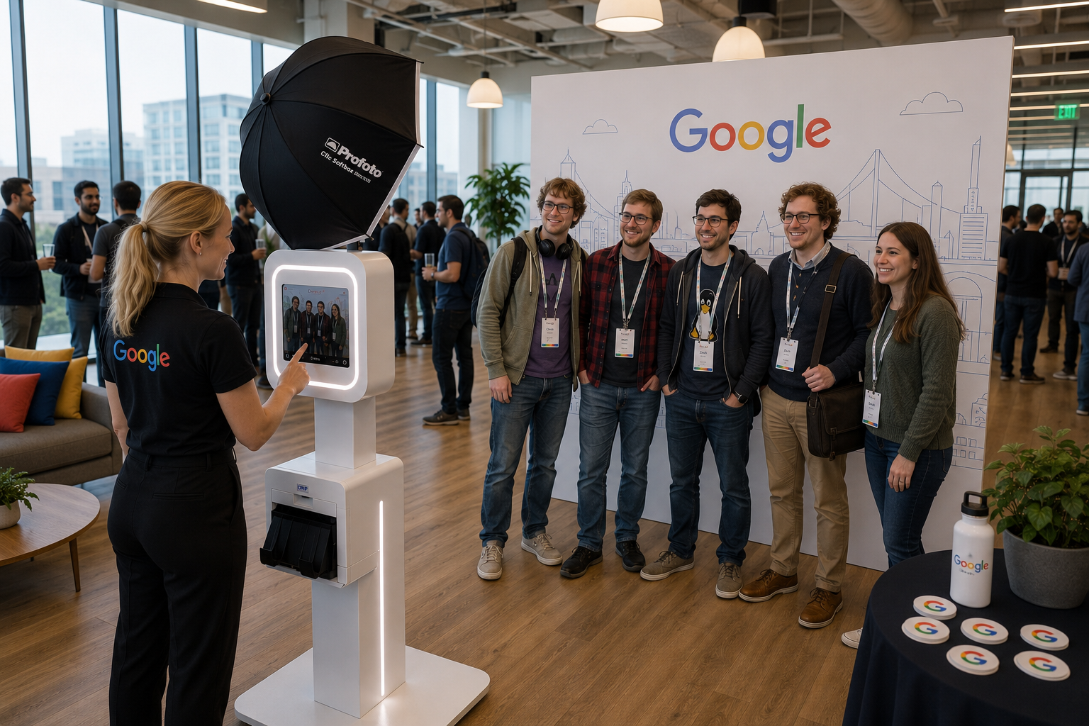 Group of people posing at a Google event booth with a robot kiosk in the foreground