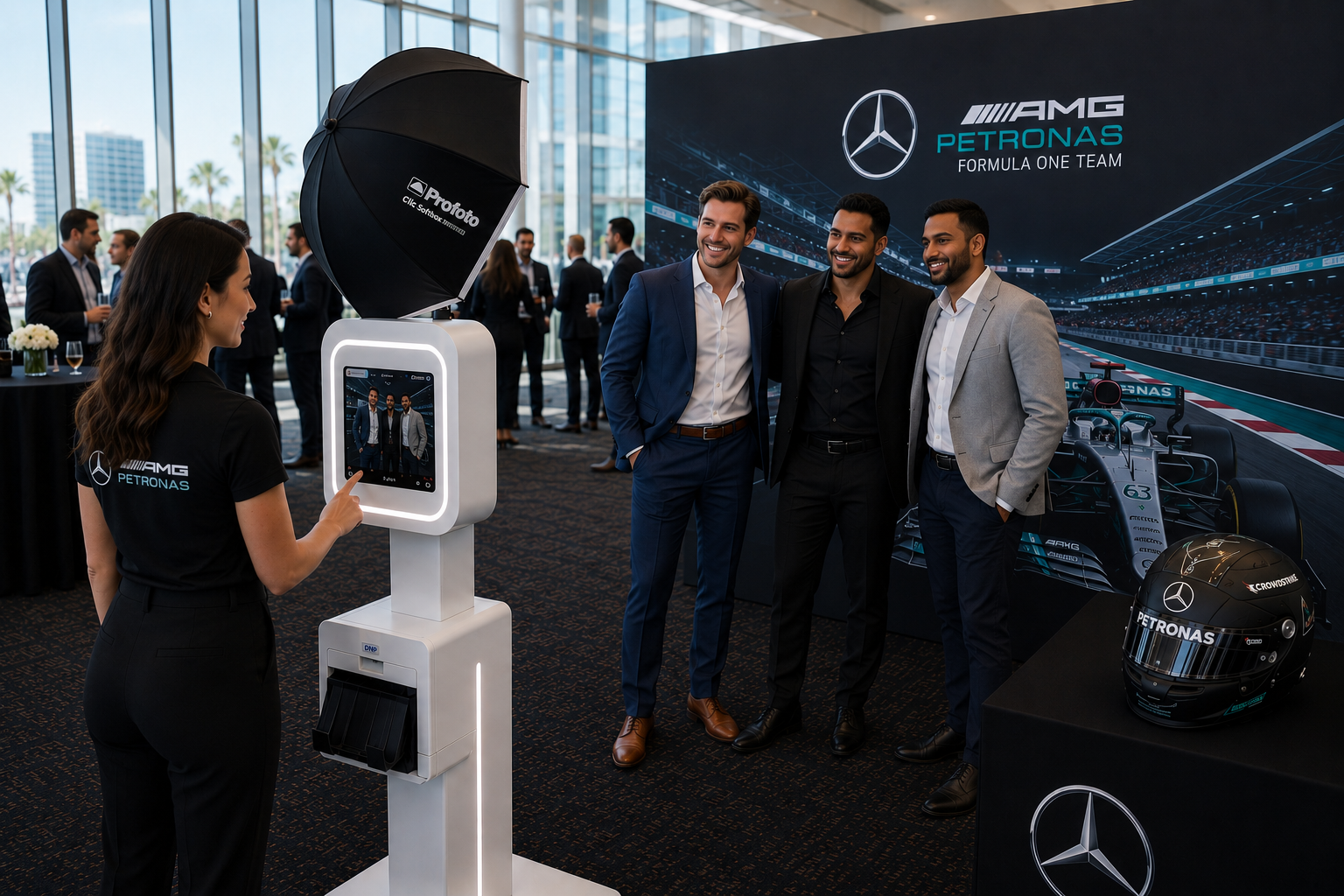 People at a Mercedes-AMG display with a promotional robot and dark showroom backdrop