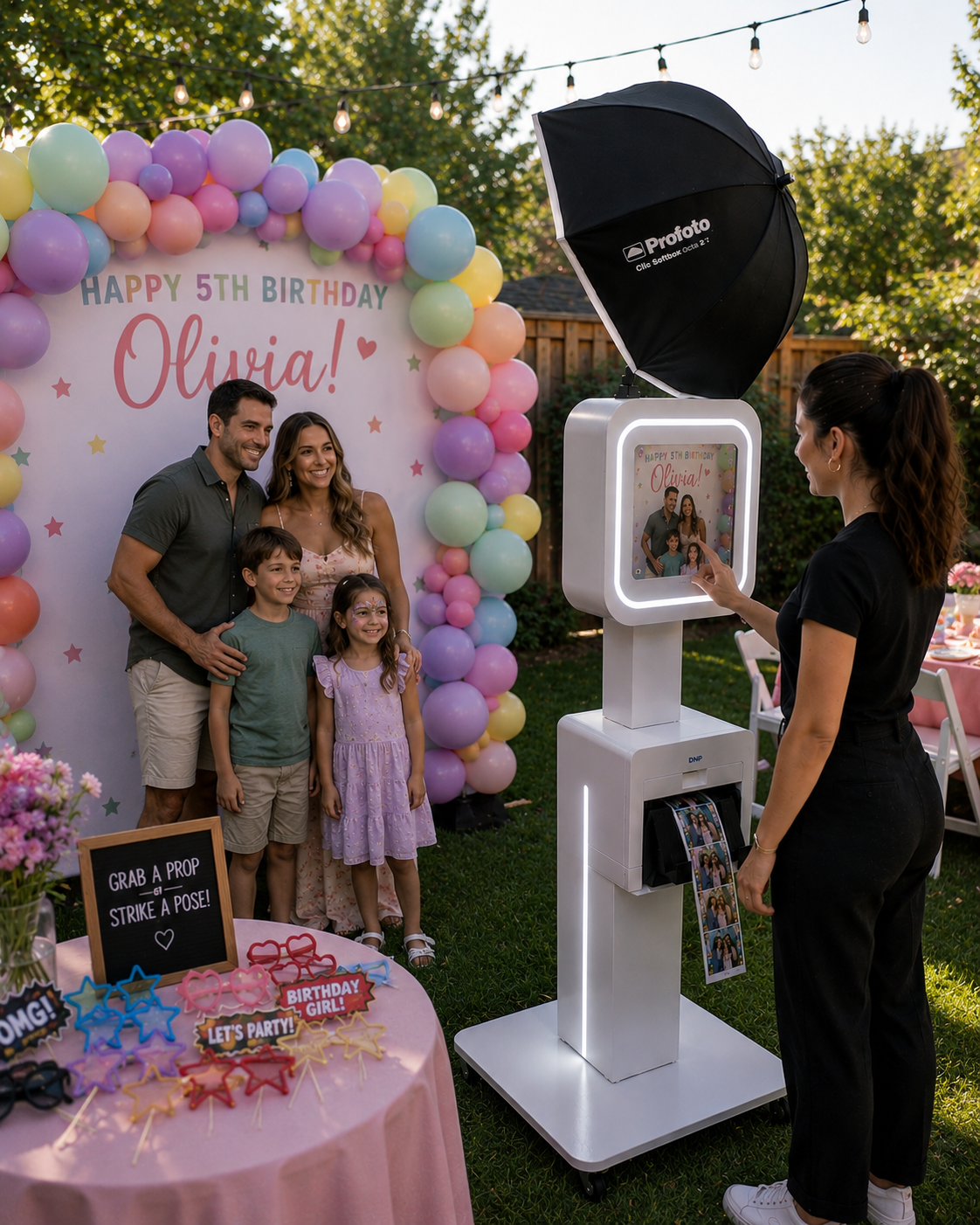 Family posing at a pastel birthday party with balloon arch and dessert table beside a photo booth.