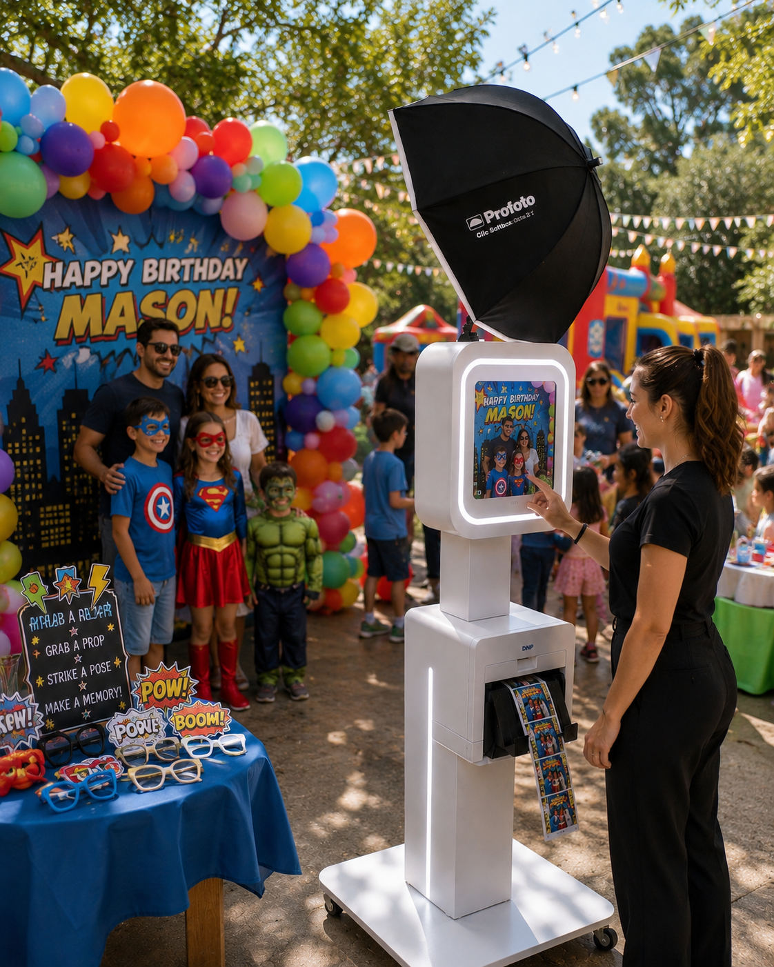 Birthday party booth with balloons, superhero costumes, and a white photo kiosk outdoors