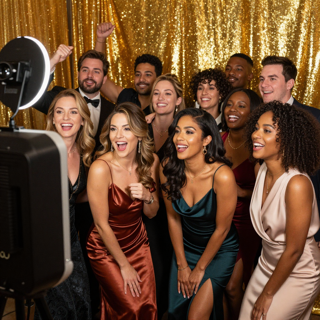 Group posing for a photo booth in front of a gold sequin backdrop, smiling and dressed in formal attire