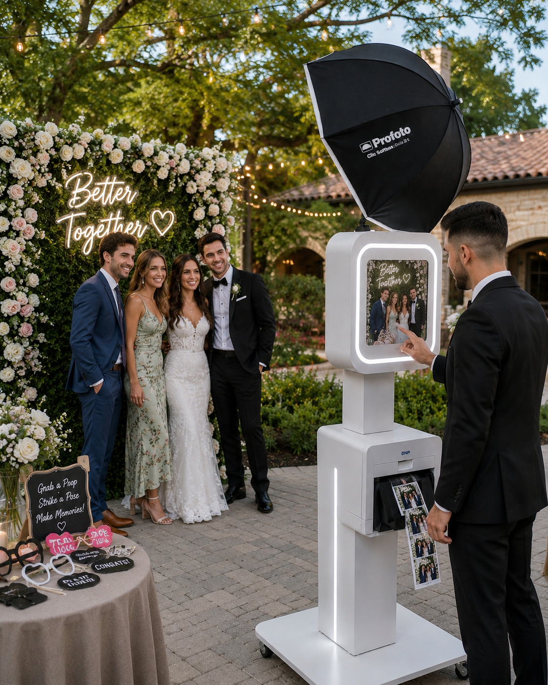 Guests pose at a wedding photo booth beside a floral backdrop and neon sign.