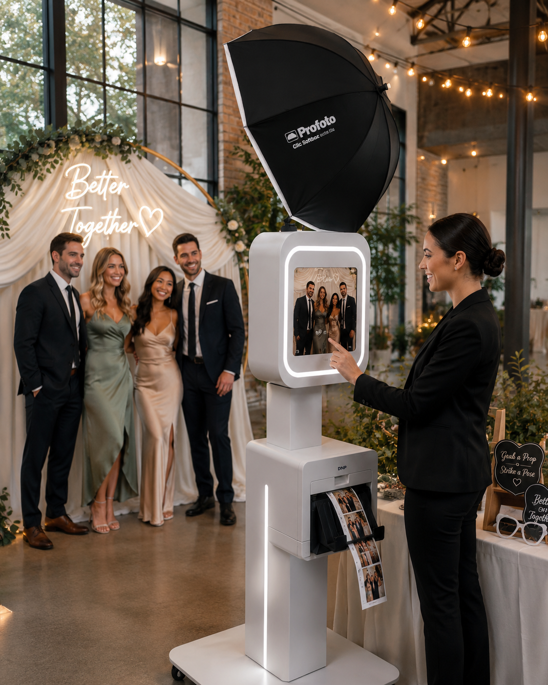 Guests pose beside a white photo booth with a large black umbrella light at an indoor event.