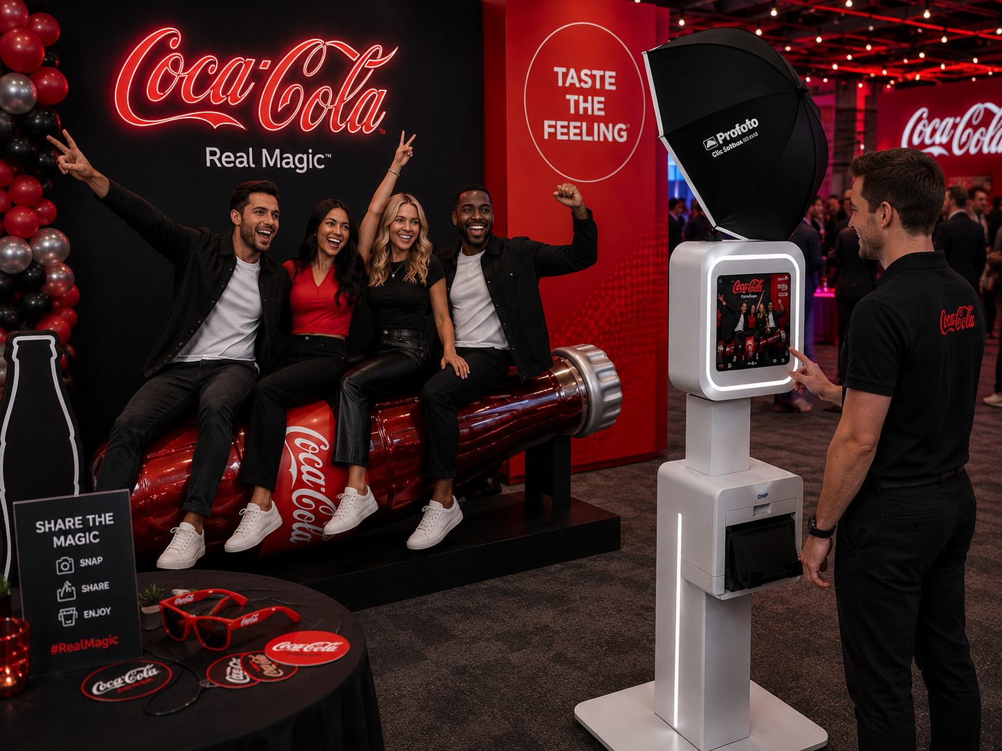 People posing at a Coca-Cola promotional booth with red decor and a beverage dispenser