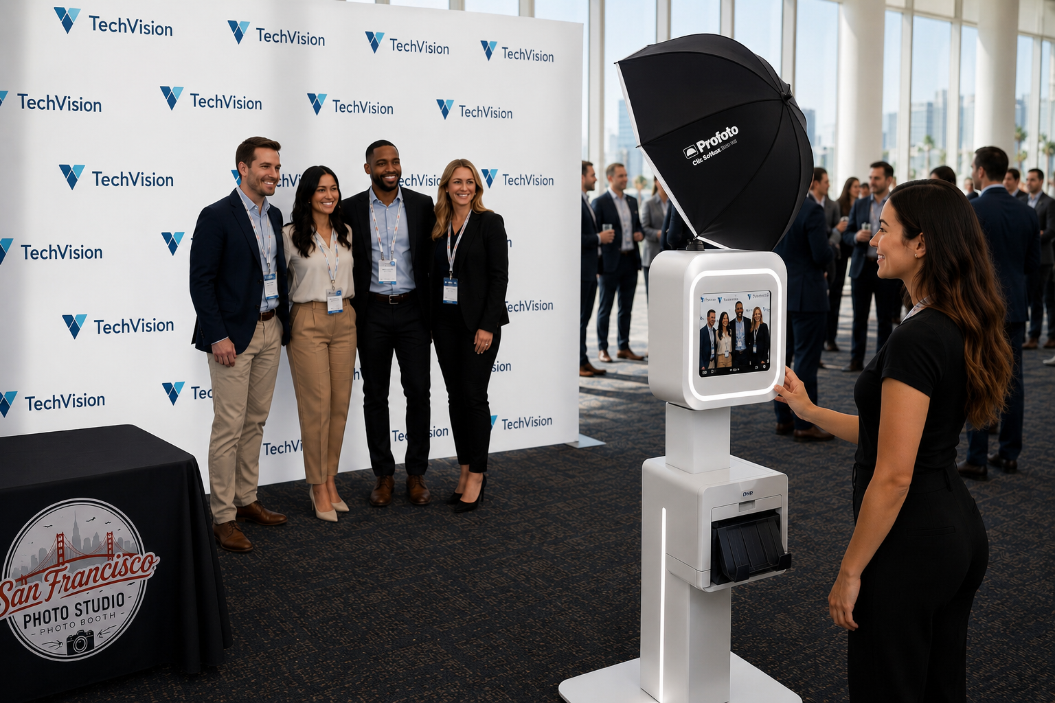 People posing at a tech event booth beside a white kiosk and large camera light.