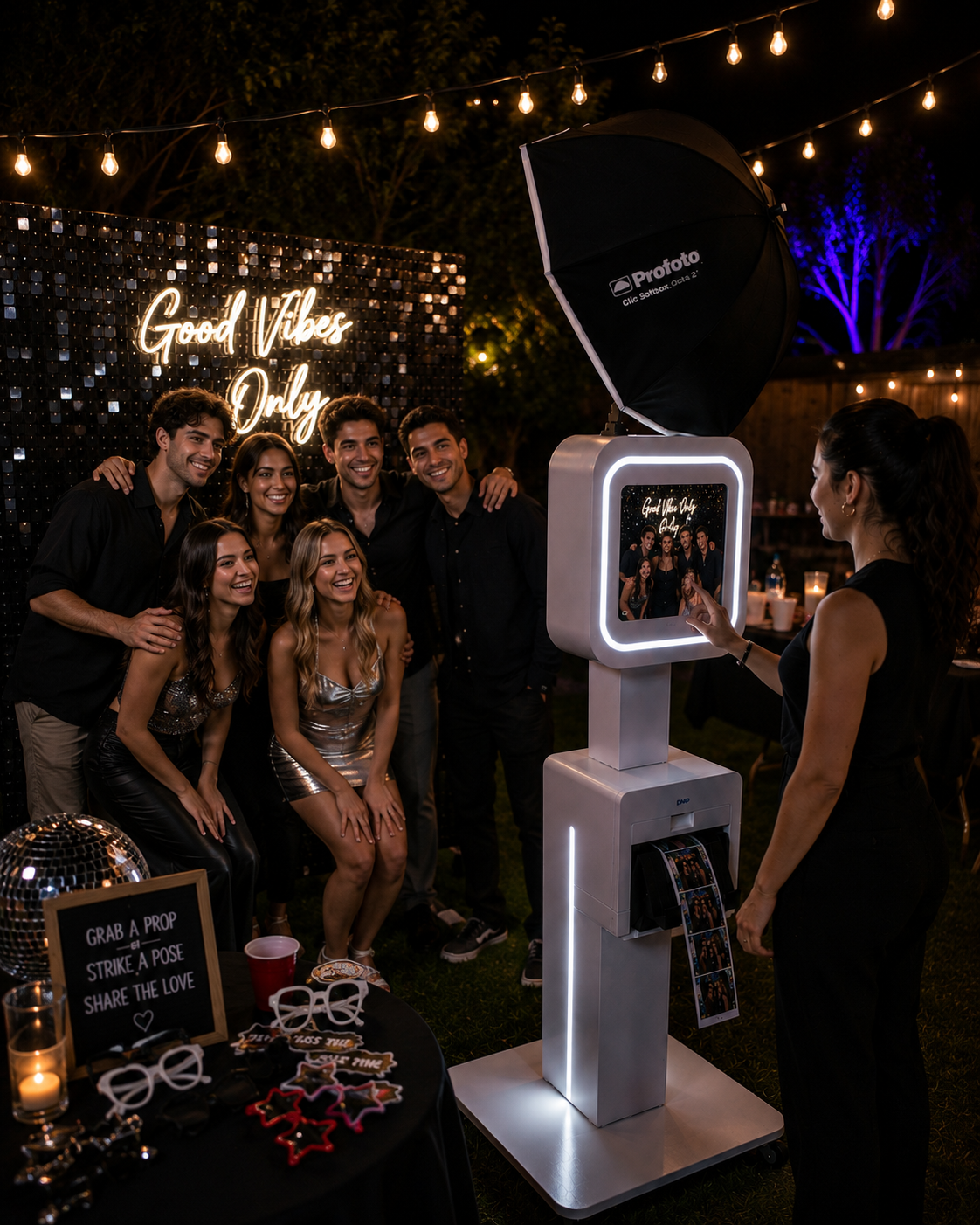 Group posing for a photo booth at a festive outdoor party with string lights and a “Good Vibes” sign