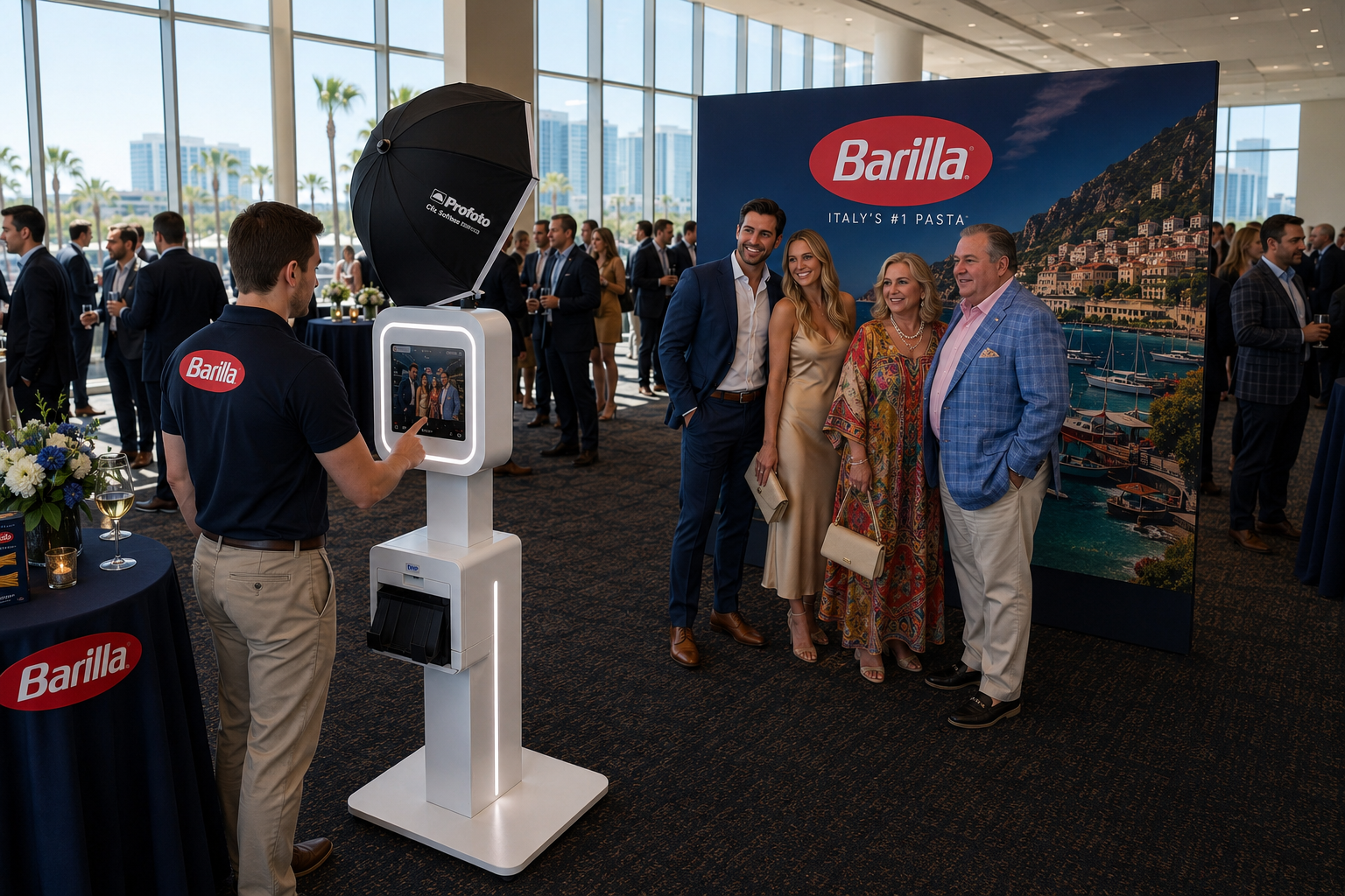 Barilla photo booth at an indoor event, with a group posing in front of a blue branded backdrop