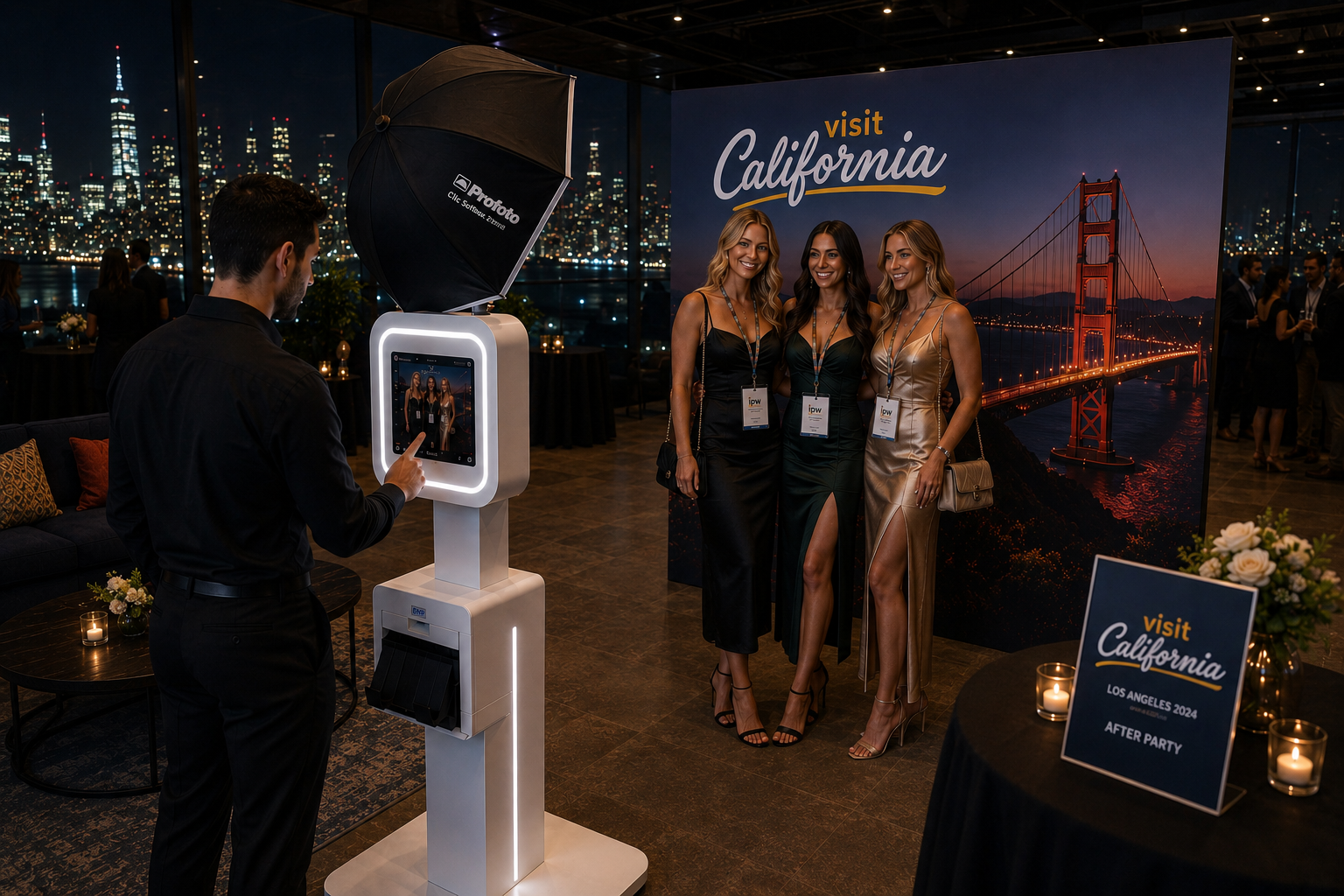 Photo booth at a California-themed event with three women posing in front of a Golden Gate Bridge backdrop
