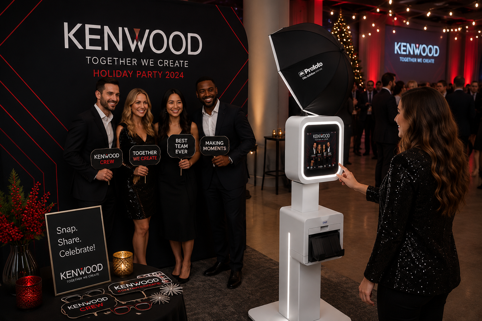 Award presentation at a Kenwood event, with people posing beside a lit display booth.
