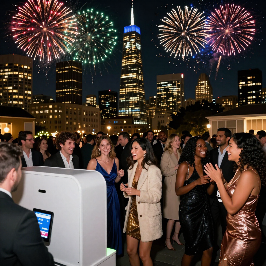 Crowd at a rooftop party watches fireworks over a city skyline at night
