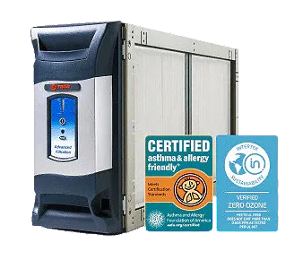 Trane CleanEffects whole-home air cleaner unit with Asthma & Allergy Friendly and Zero Ozone certification labels.
