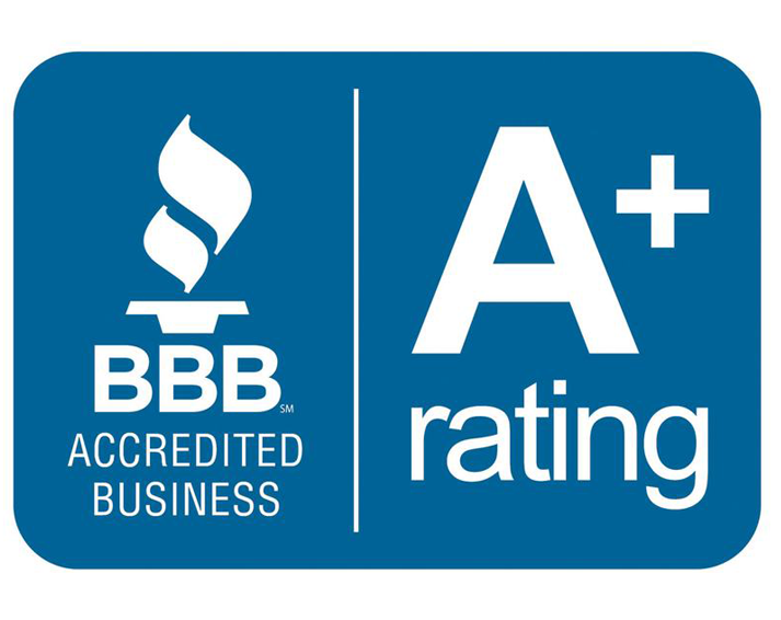 A blue rectangular badge with the white BBB Accredited Business torch logo and the text "A+ rating."