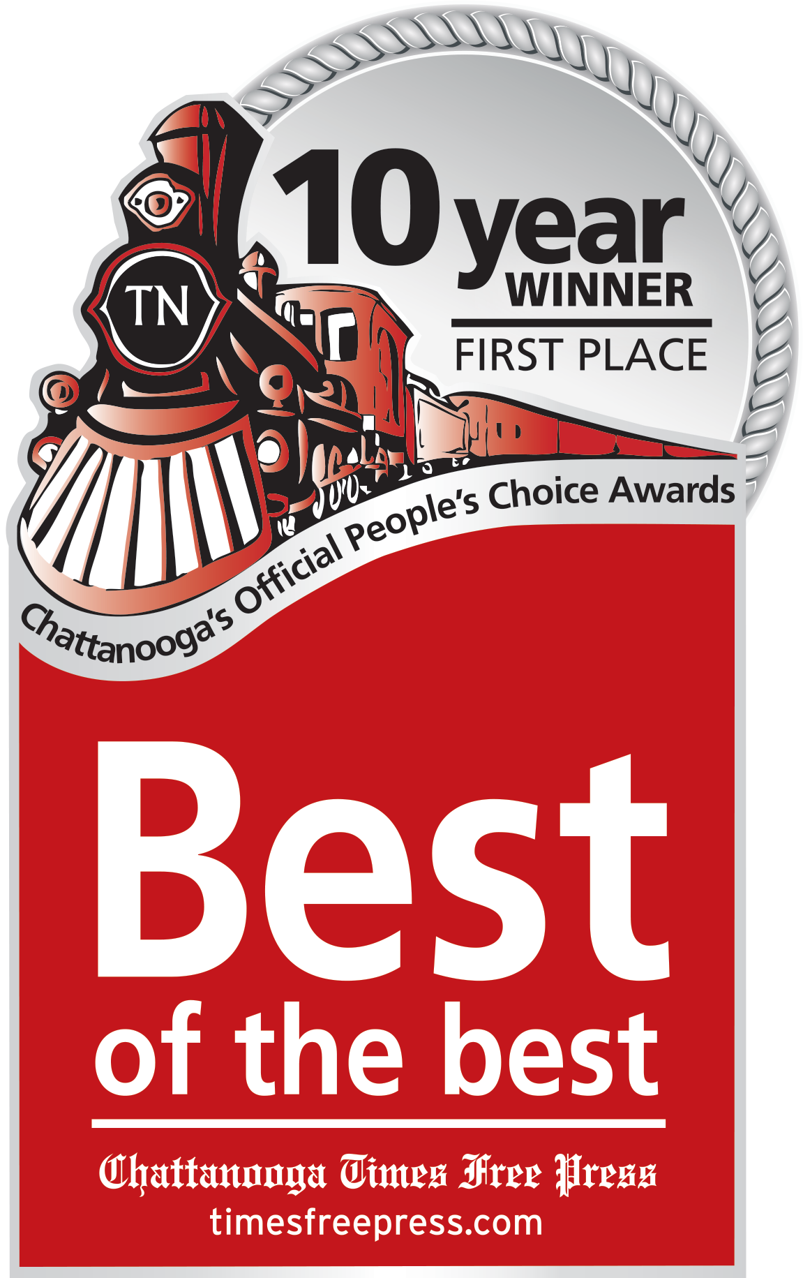 Best of the Best 10-year winner award logo from the Chattanooga Times Free Press, featuring a train illustration.