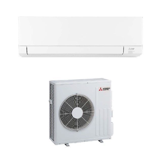 A white wall-mounted indoor air conditioning unit and an outdoor compressor unit by Mitsubishi.