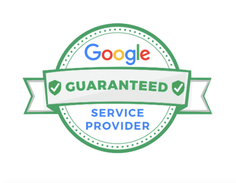 A Google Guaranteed service provider circular badge with green borders, a ribbon, and white text on a green background.