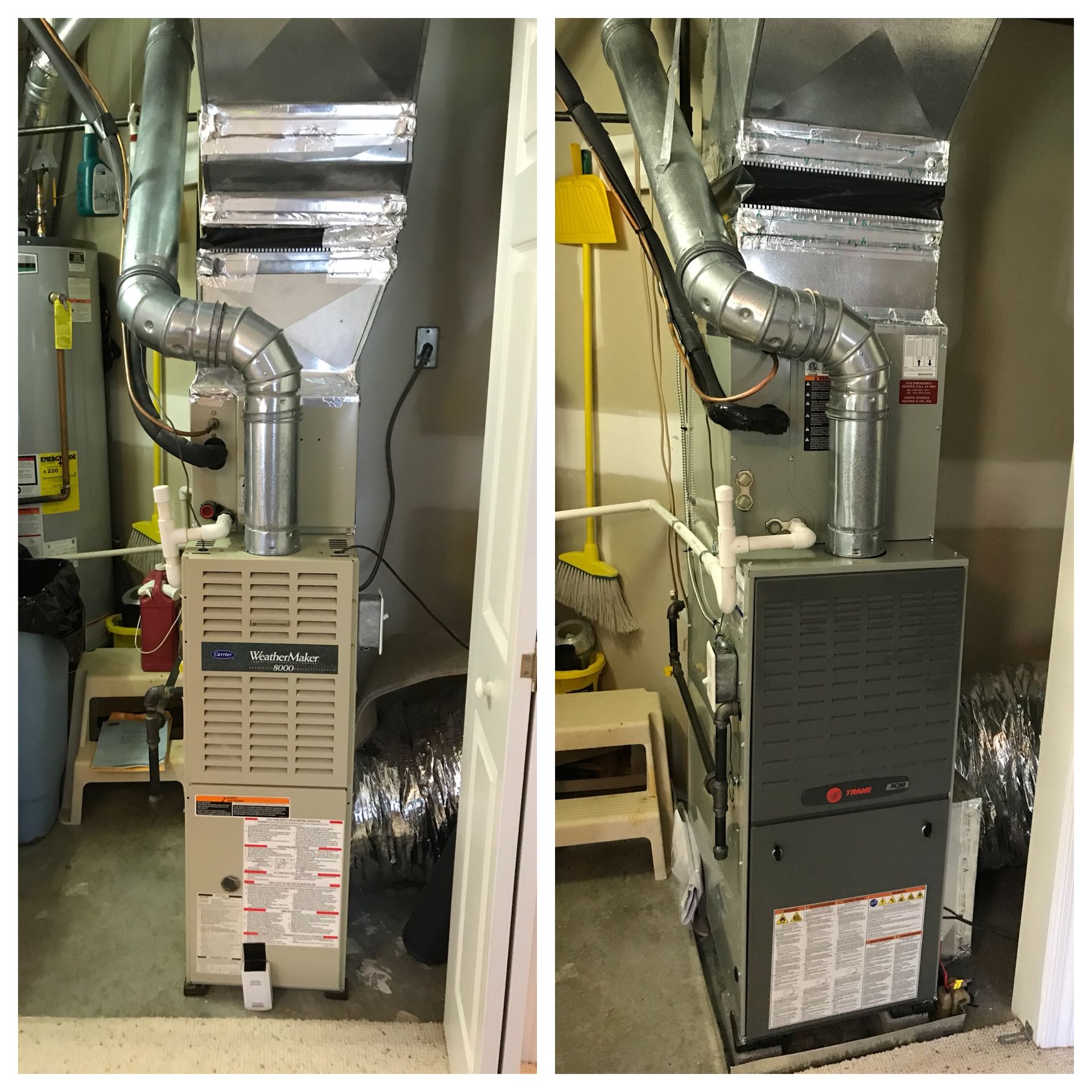Before and after comparison of an old tan furnace and a new grey Trane furnace installed in a utility closet.