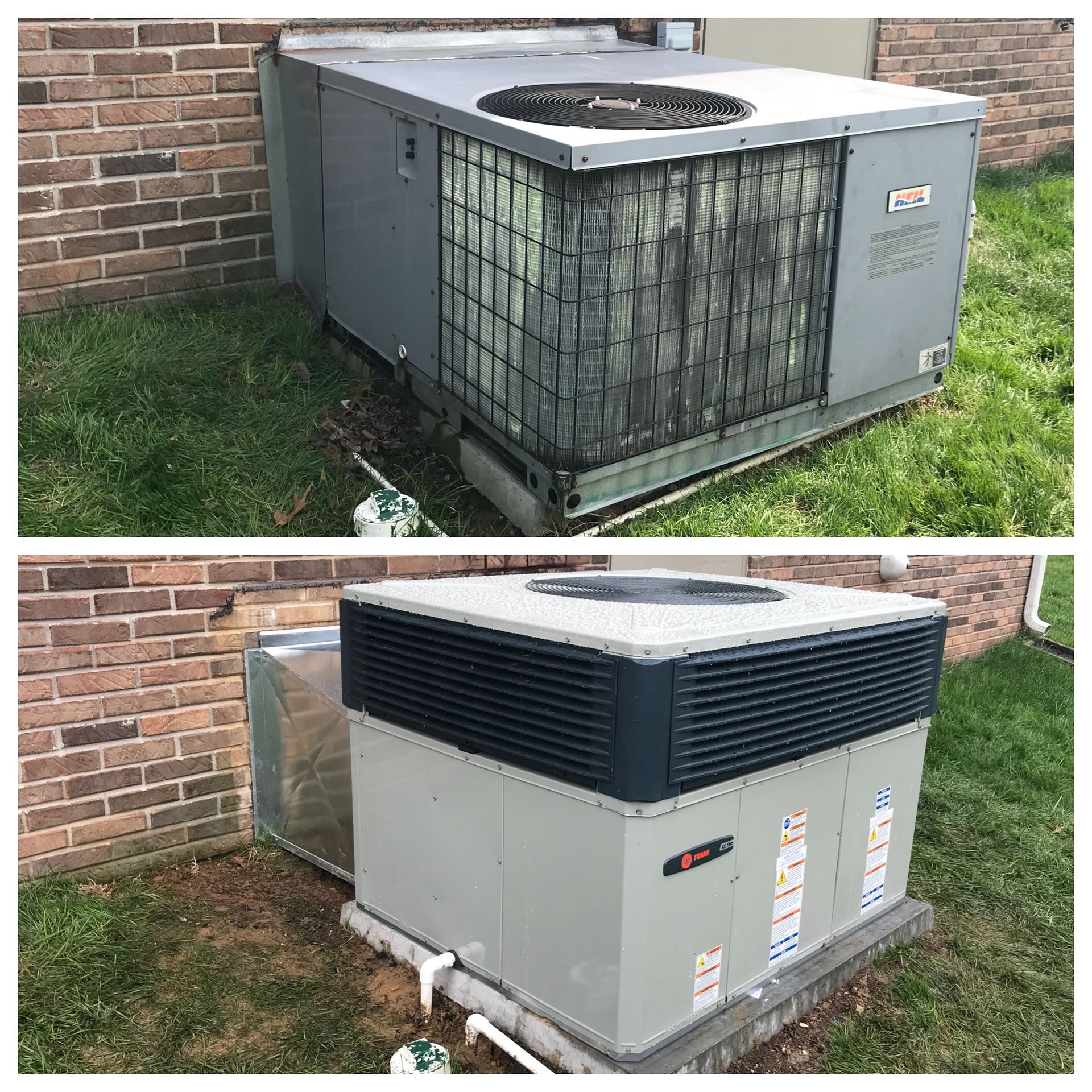 Before-and-after view of a Trane residential HVAC unit replacement against a brick house wall.