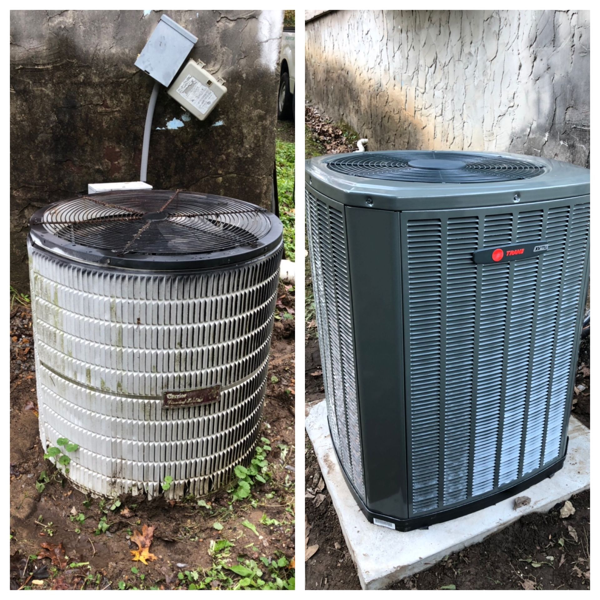 Before-and-after comparison showing an old, weathered outdoor air conditioning unit replaced by a new, grey Trane unit.