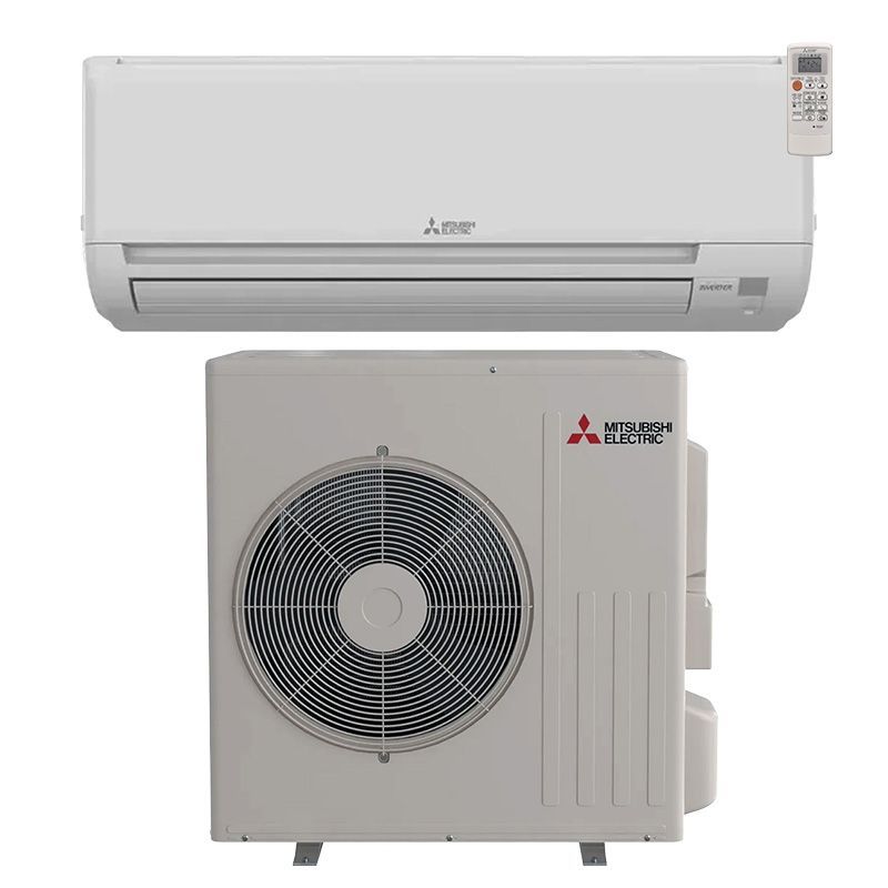 A white Mitsubishi Electric mini-split air conditioning system with an indoor wall unit and an outdoor compressor unit.