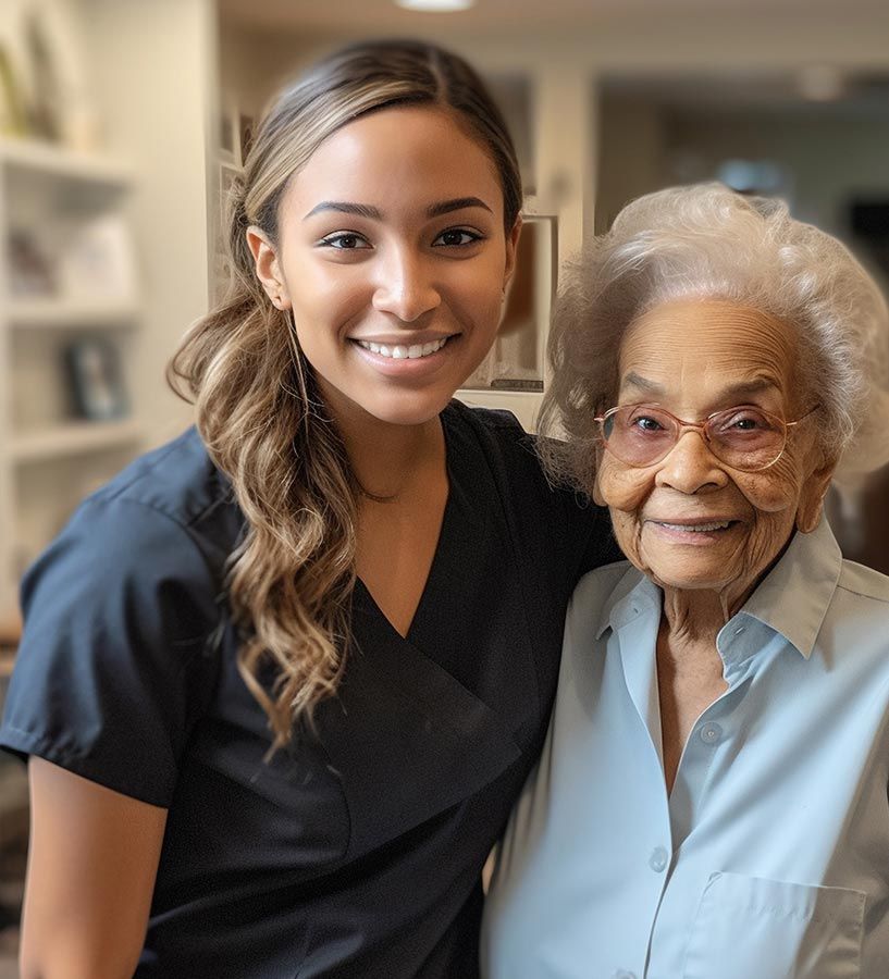 A young woman is posing for a picture with an older woman.