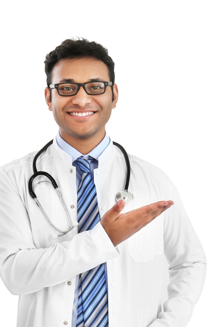 A smiling doctor with a stethoscope around his neck is holding out his hand.