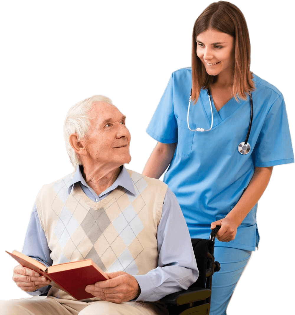 An elderly man in a wheelchair is reading a book next to a nurse