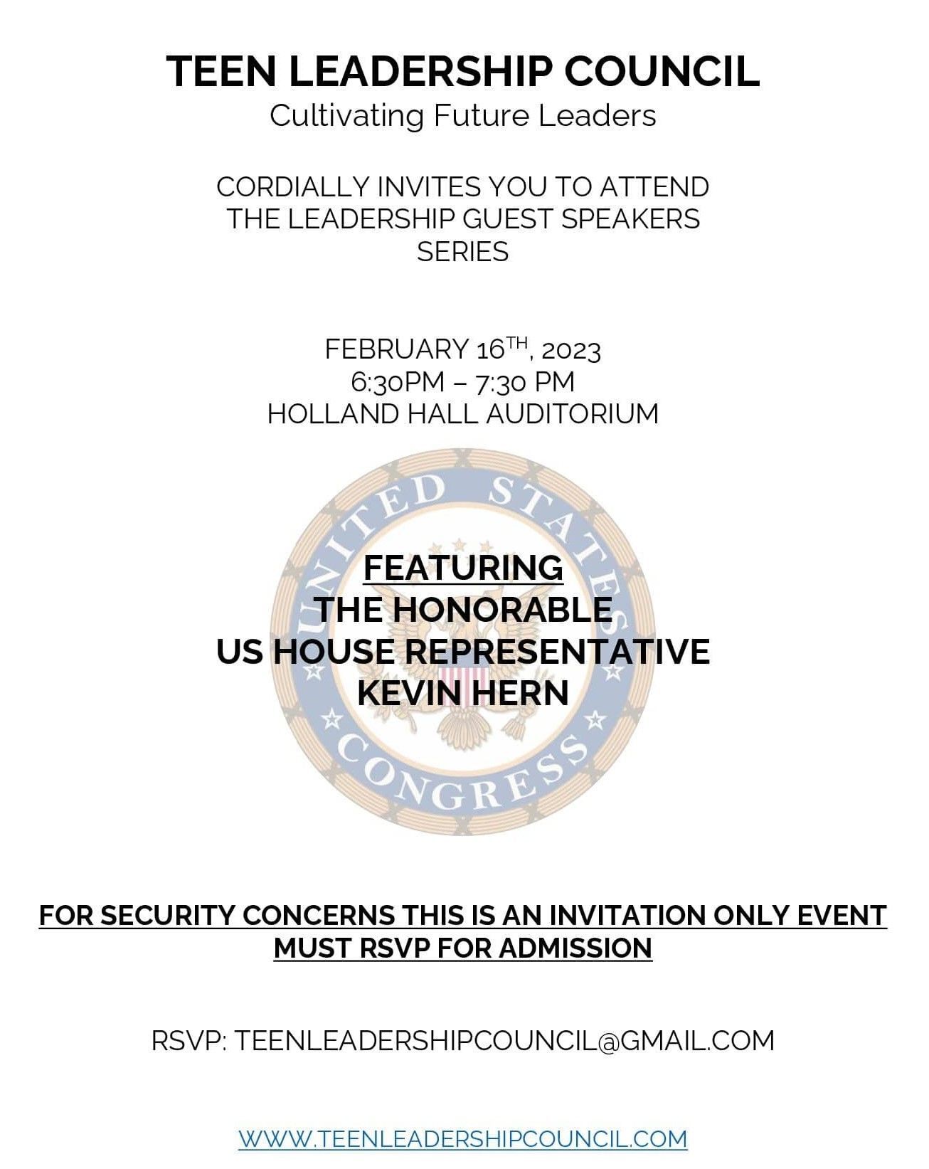 Teen Leadership Council event flyer for US Rep. Kevin Hern at Holland Hall Auditorium, Feb. 7, 6:30 PM