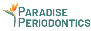 The logo for paradise periodontics has a bird of paradise on it.
