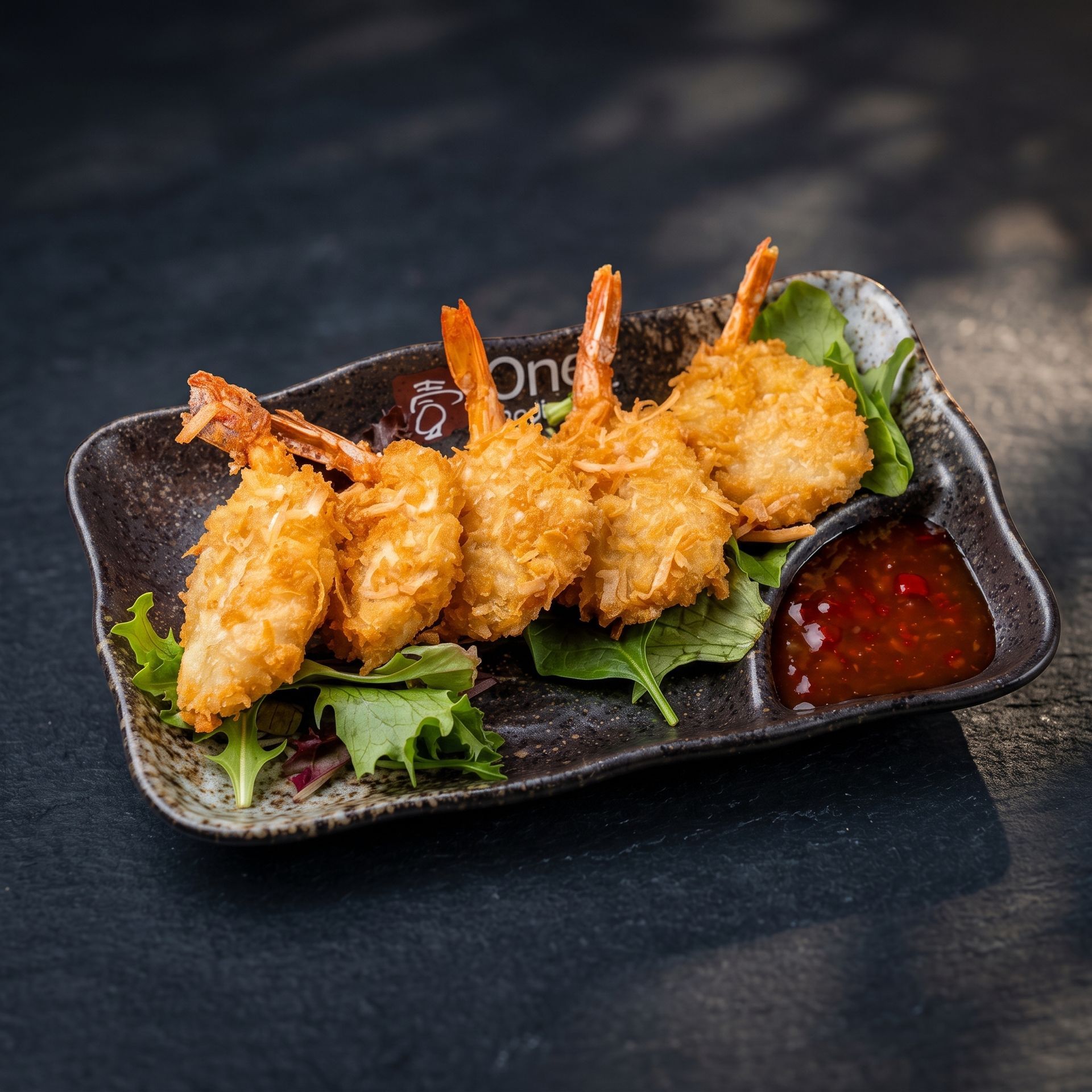 Golden fried shrimp on a black plate with greens and red dipping sauce