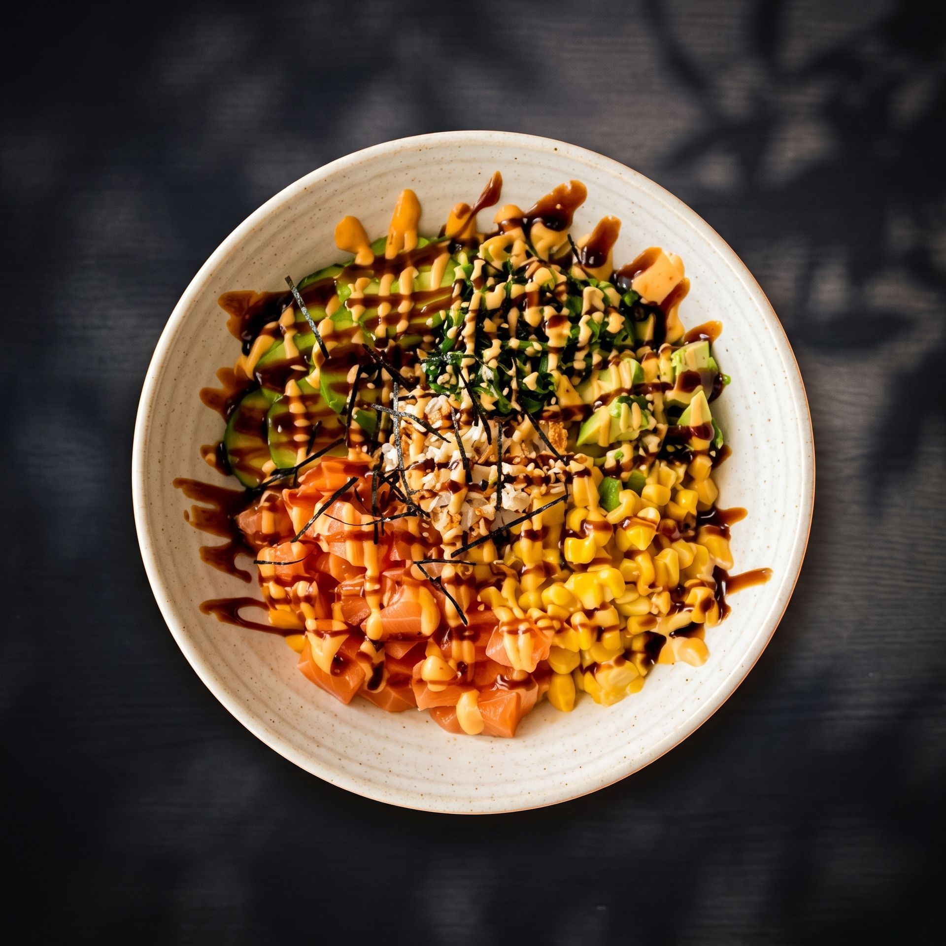 Bowl of colorful salad with diced vegetables, drizzled with dark sauce on a dark tabletop