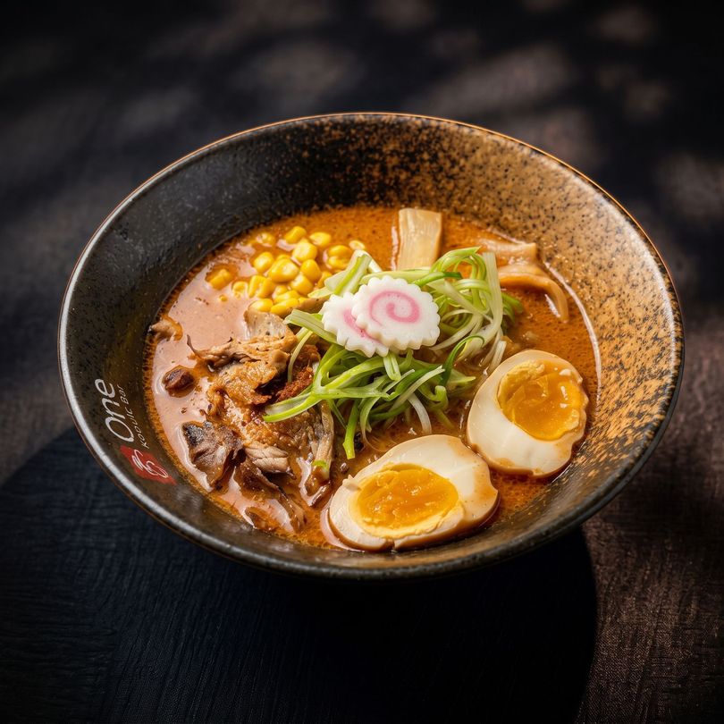 Ramen bowl with halved soft-boiled eggs, corn, pork, and green onions in a dark ceramic bowl
