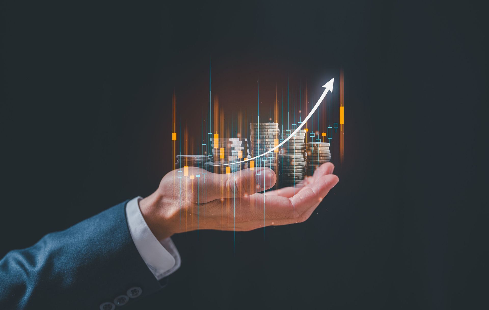 businessman holding virtual trading graph and blurred coins on hand, stock market, profits
