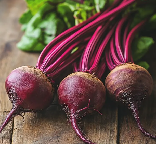 Two glasses of vibrant red beet juice, with beetroots and sliced beets on a light surface.