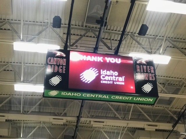 Scoreboard thanking Idaho Central Credit Union at River Ridge.