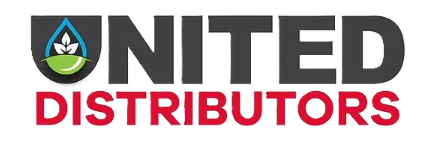 Logo for United Distributors, with a black shield and text, and a red tagline.
