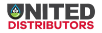Logo for United Distributors, with a black shield and text, and a red tagline.