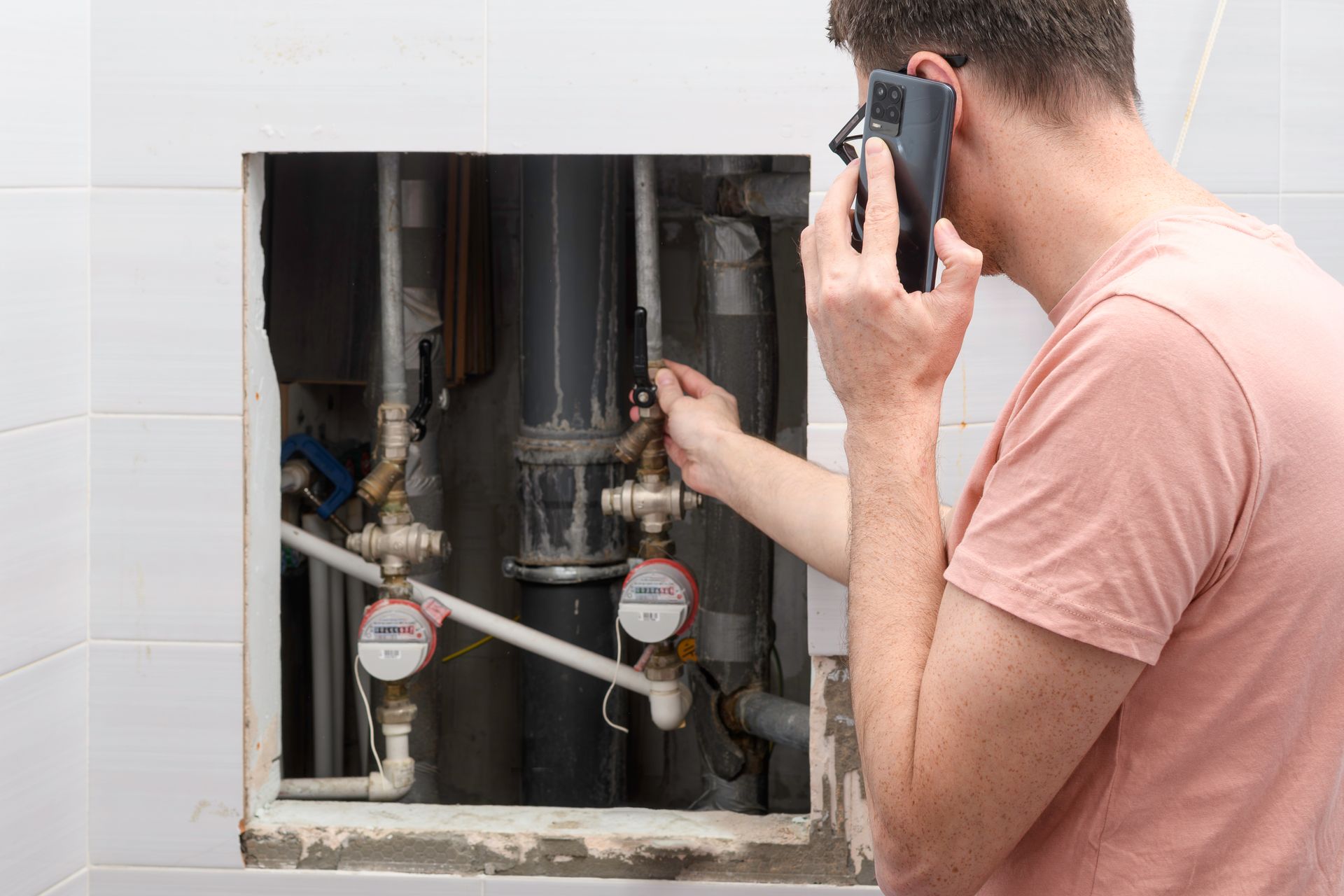 Person holding phone while adjusting valves on exposed plumbing pipes inside a wall opening.
