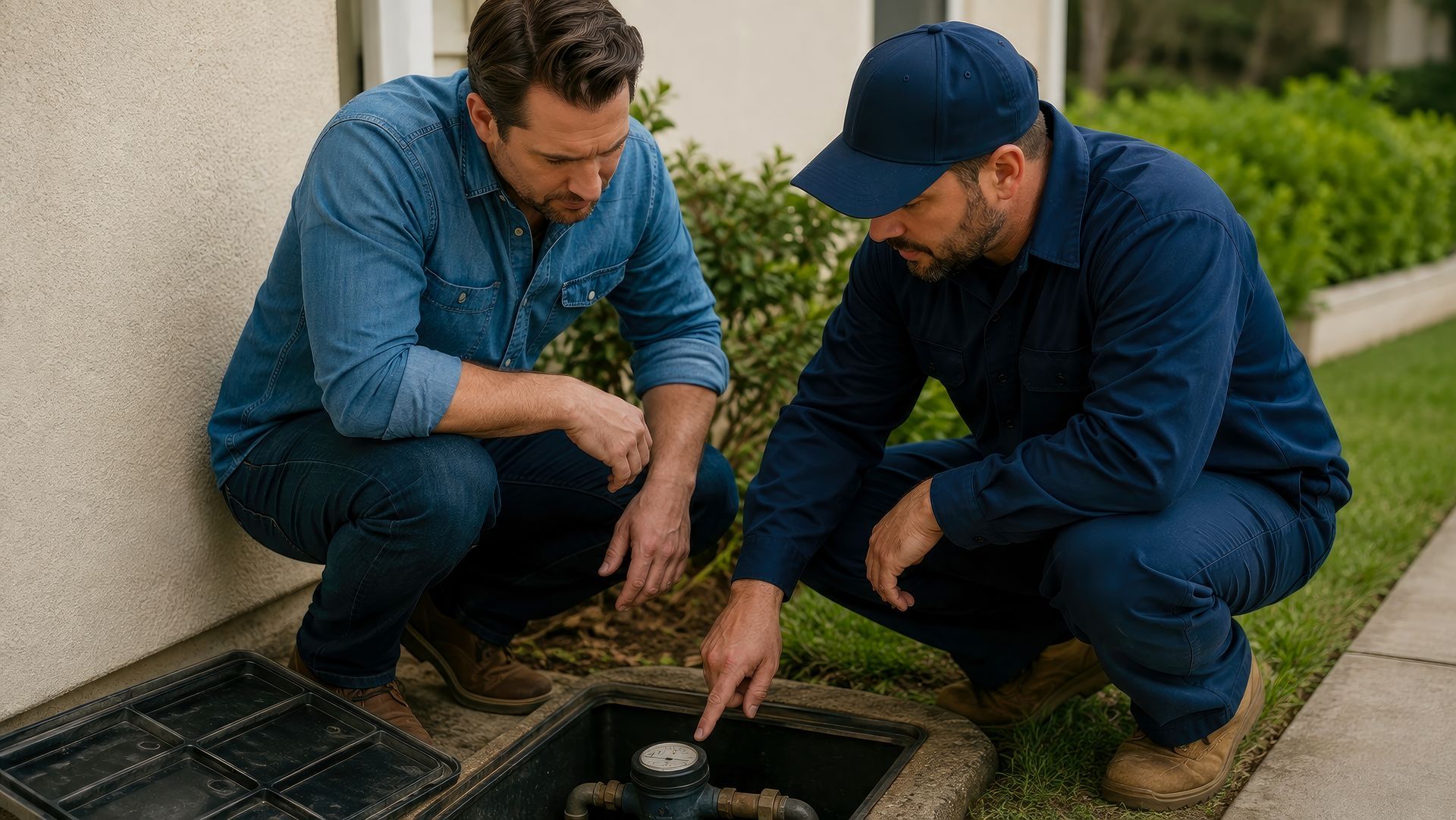 Licensed plumber explaining a plumbing issue to a homeowner during a residential plumbing repair ins